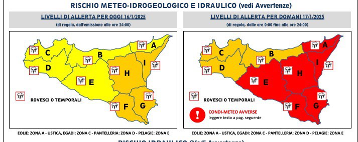 Bollettino protezione civile per domani 17 gennaio 2025. Condizioni meteo avverse. Domani scuole chiuse