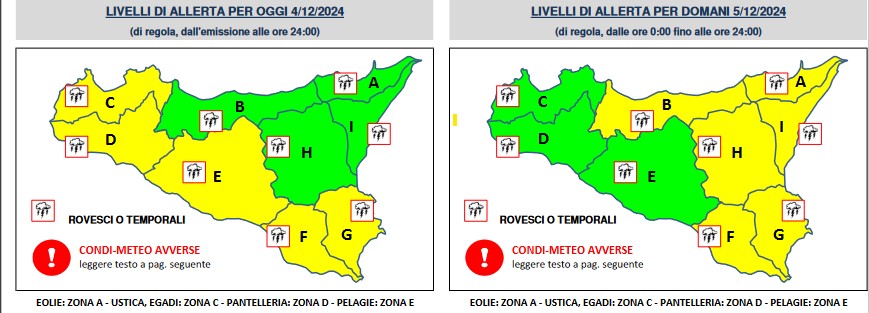 Bollettino meteo della Protezione civile Regione Siciliana - Per la giornata di oggi 4 dicembre e domani 5 dicembre 2024. 