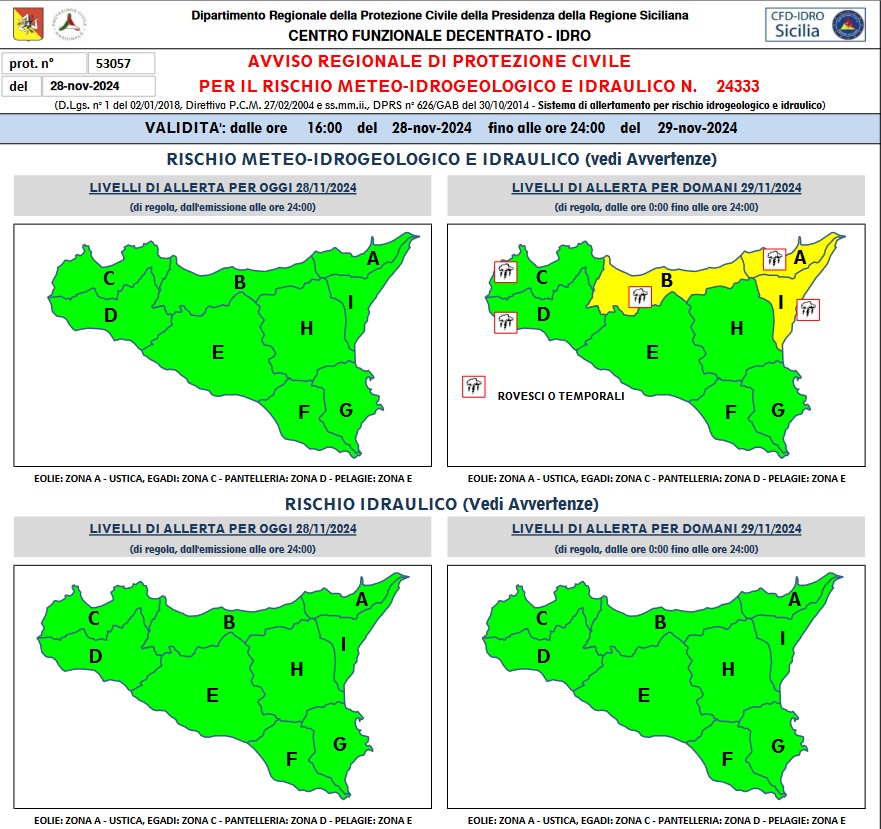 Bollettino della Protezione civile: Livelli di allerta per oggi 29 novembre. Allerta Gialla - Attenzione.