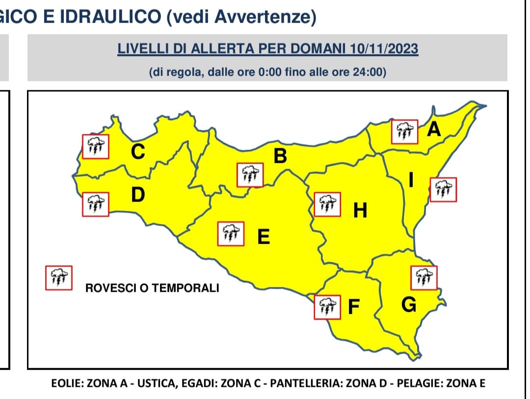 Bollettino meteo della protezione civile per giorno 10 novembre 2023.