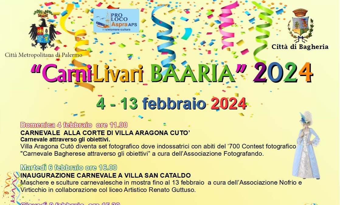 Bagheria si prepara a "CarniLivari Baaria 2024". Al via il 4 febbraio il programma di manifestazione carnascialesche