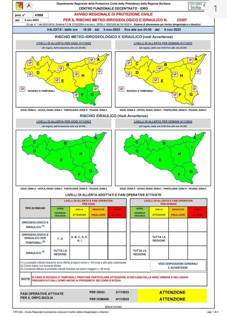 Bollettino meteo sino alle ore 24 del 4 novembre 2023