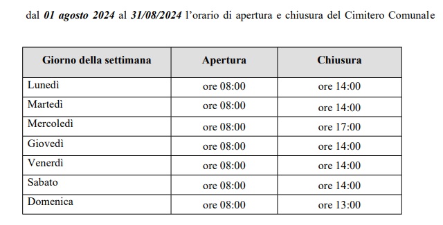 Gli orari di agosto del cimitero comunale