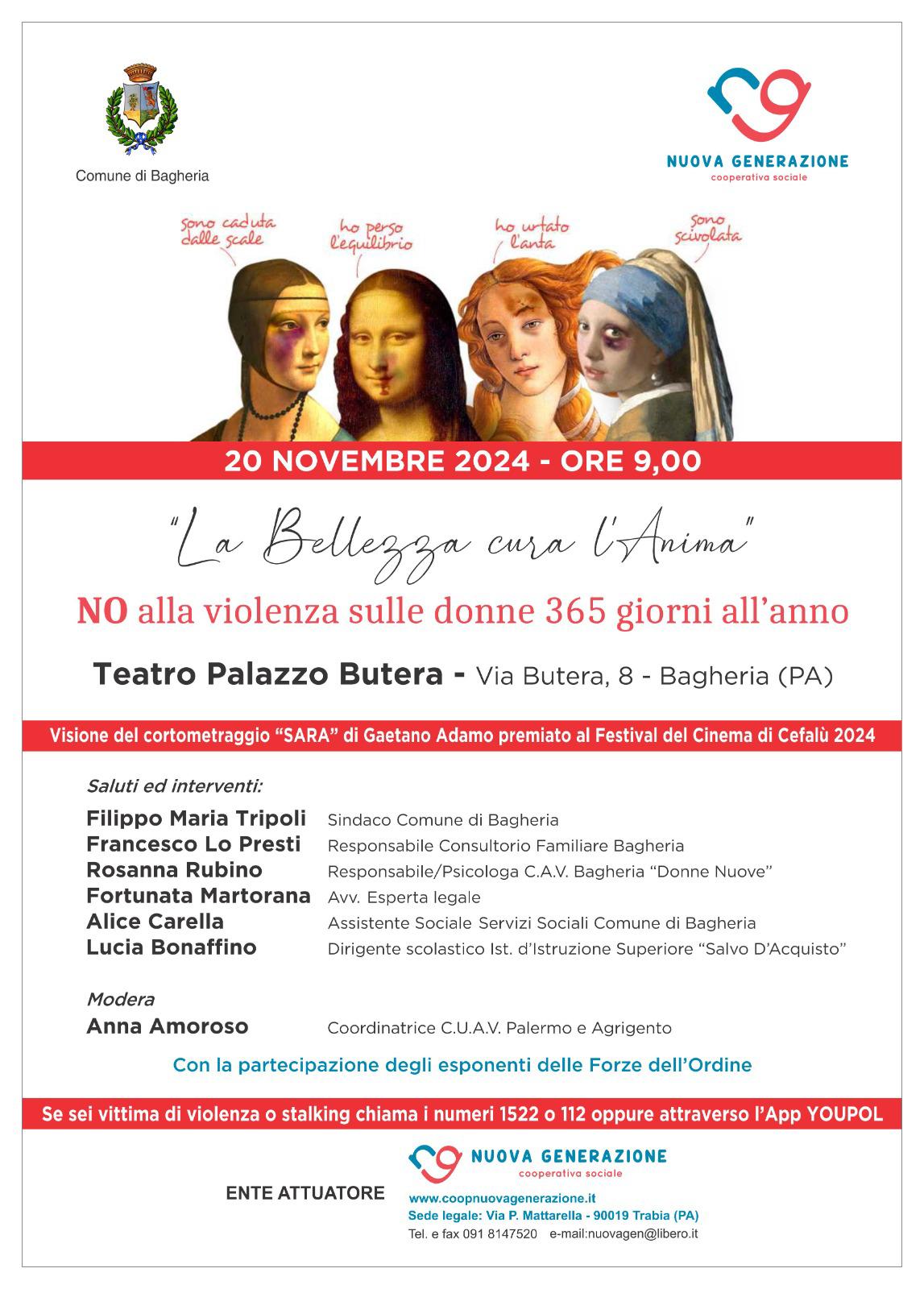 "La Bellezza cura l'Anima":  Incontro per studenti delle scuole superiori al teatro di villa Butera per dire "NO alla violenza sulle donne”.