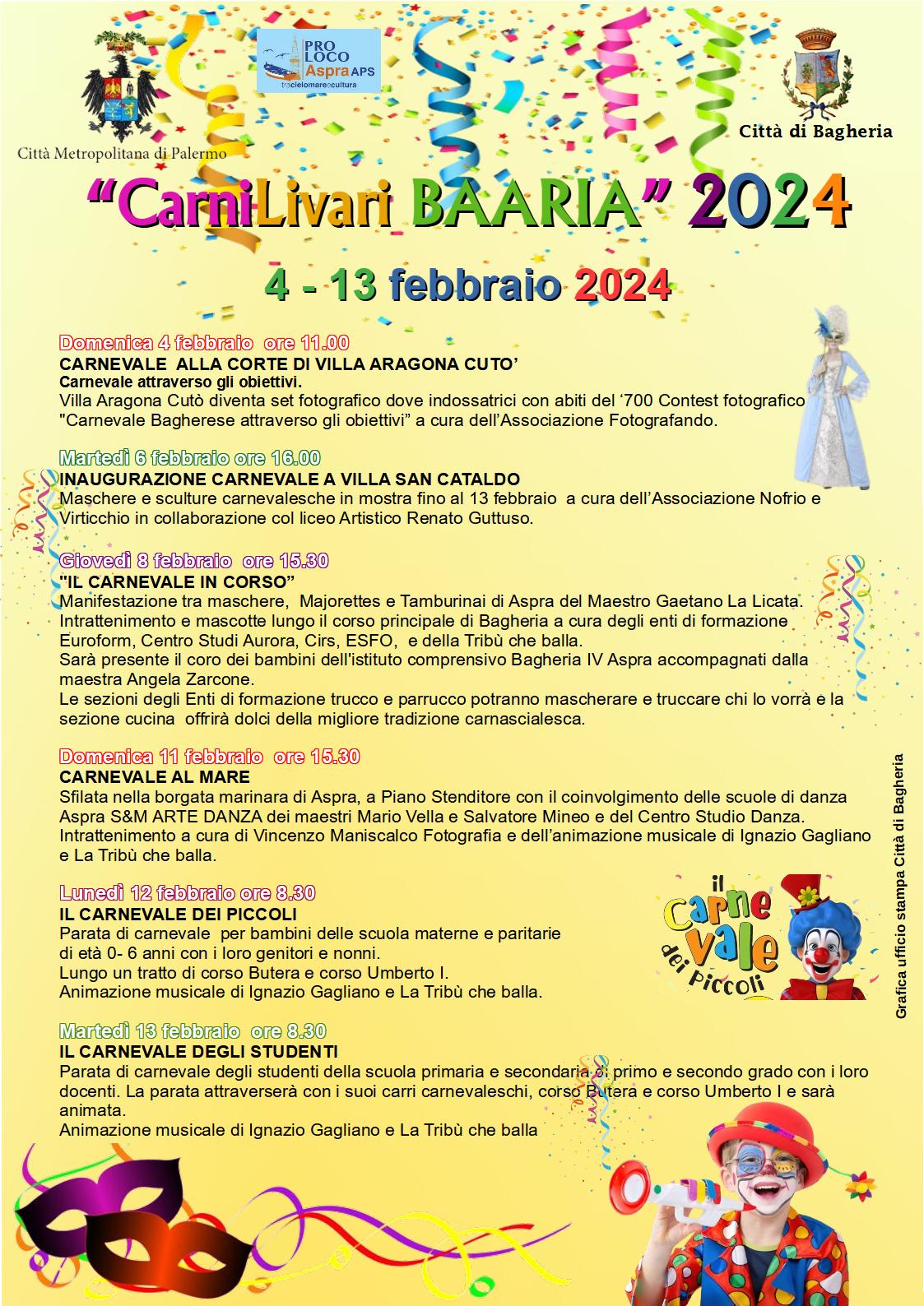 Carnilivari Baaria 2024: "Il carnevale in corso". Giovedì 8 manifestazione su corso Umberto I.