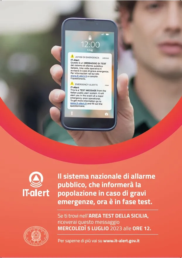 IT-Alert. Mercoledì 5 luglio il primo test in Sicilia del sistema di allarme pubblico del Dipartimento nazionale di Protezione Civile.