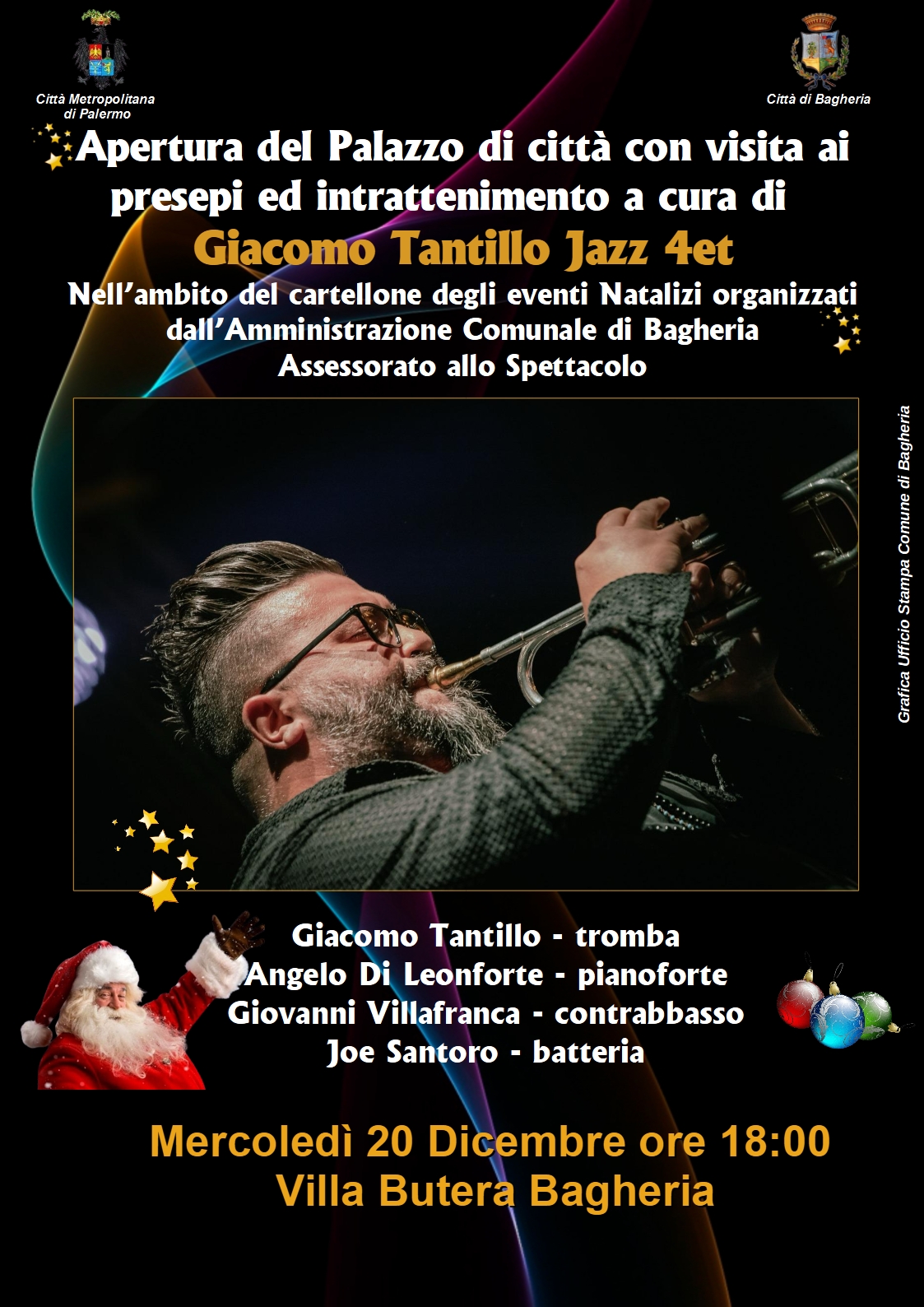 Con l'intrattenimento del jazzista Giacomo Tantillo domani apertuta di villa Butera con visita dei presepi.