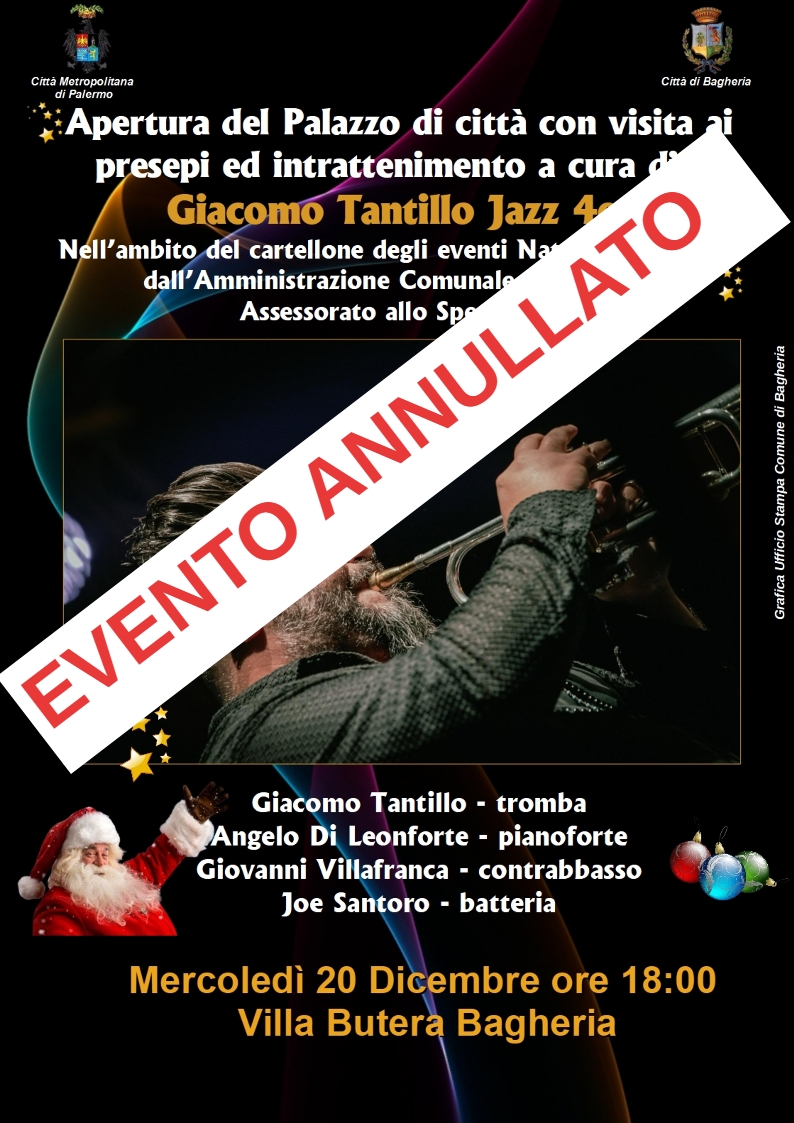 Rinviata al 6 gennaio l'apertura di villa Butera con l'intrattenimento del jazzista Giacomo Tantillo.