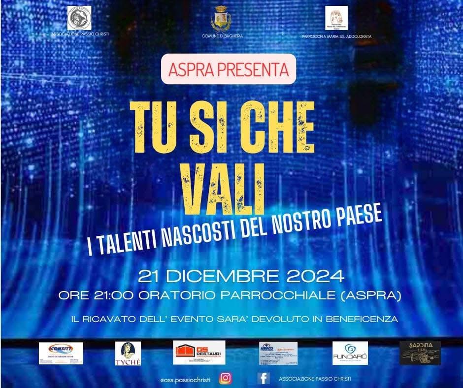 Eventi natalizi: "Tu si che vali - I talenti nascosti del nostro paese". Sabato 21 dicembre ad Aspra.