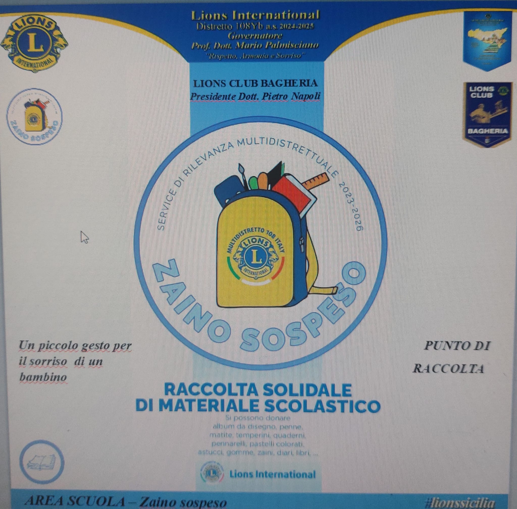 Zaino sospeso, iniziativa del Lions Club di Bagheria, per garantire corredo scolastico ad alunni con famiglie disagiate.