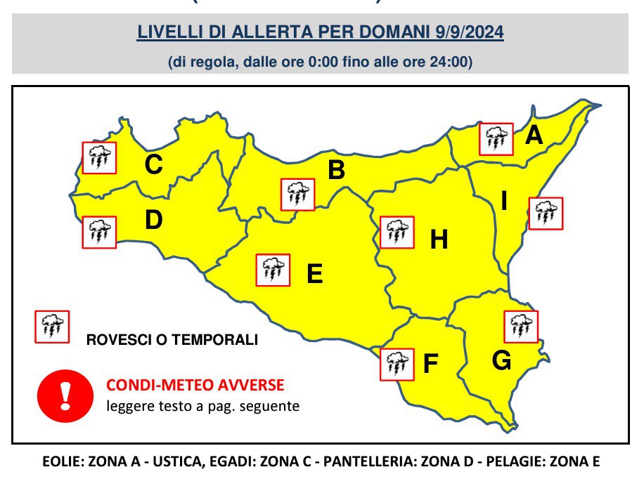 Allerta gialla per domani 9 settembre condizioni meteo avverse Rovesci o temporali