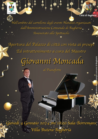 Apertura di villa Butera con visita dei presepi e l'intrattenimento del Maestro Giovanni Moncada al pianoforte.