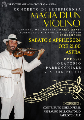 "Magia di un violino":  Concerto di beneficenza all'oratorio della parrocchia Maria Santissima Addolorata di Aspra.