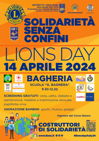 LIONS DAY 2024 a Bagheria Domenica 14 aprile 2024. Screening gratuiti e animazione per bambini Scuola Primaria “Giuseppe Bagnera”. 